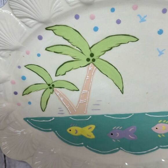 Ceramic Plate Palm Trees Fish Tropical Scene Shells On Edges Fishline - Picture 3 of 8